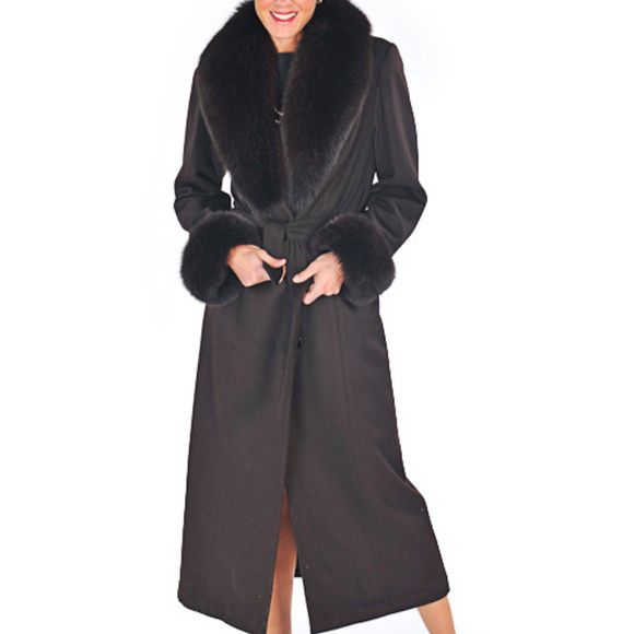 Full Length Cashmere Coat with Fox Fur Trim Brown - Picture 1 of 3